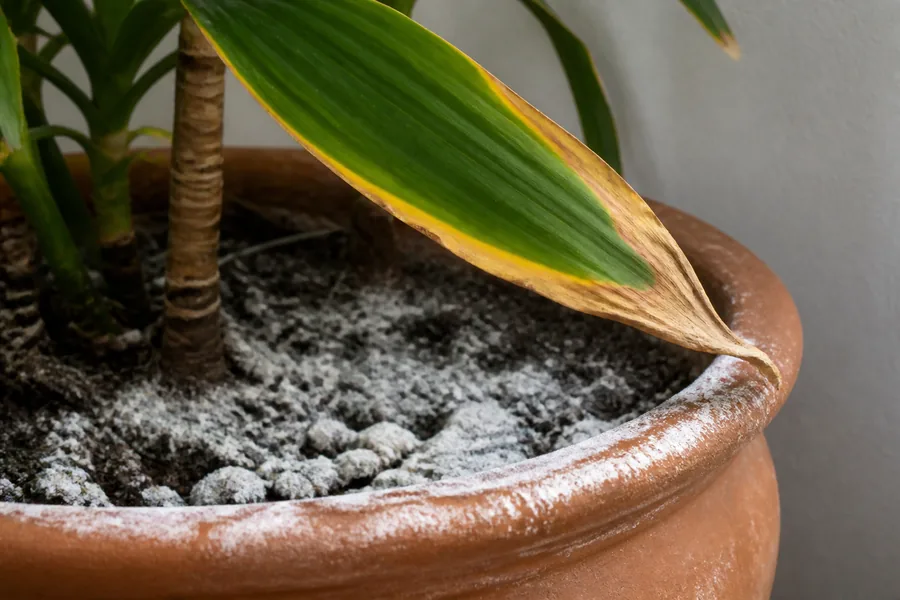 Dracaena leaf with a green center and yellow-to-tan edge above white mineral crust covering the potting mix and clay pot rim.