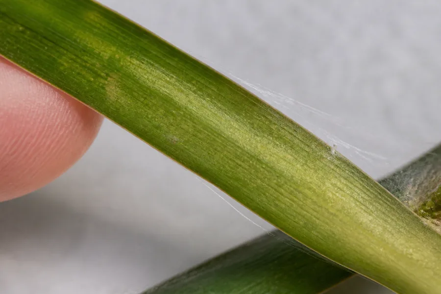 Underside of a narrow Dracaena leaf with fine pale stippling and delicate webbing held beside a fingertip.