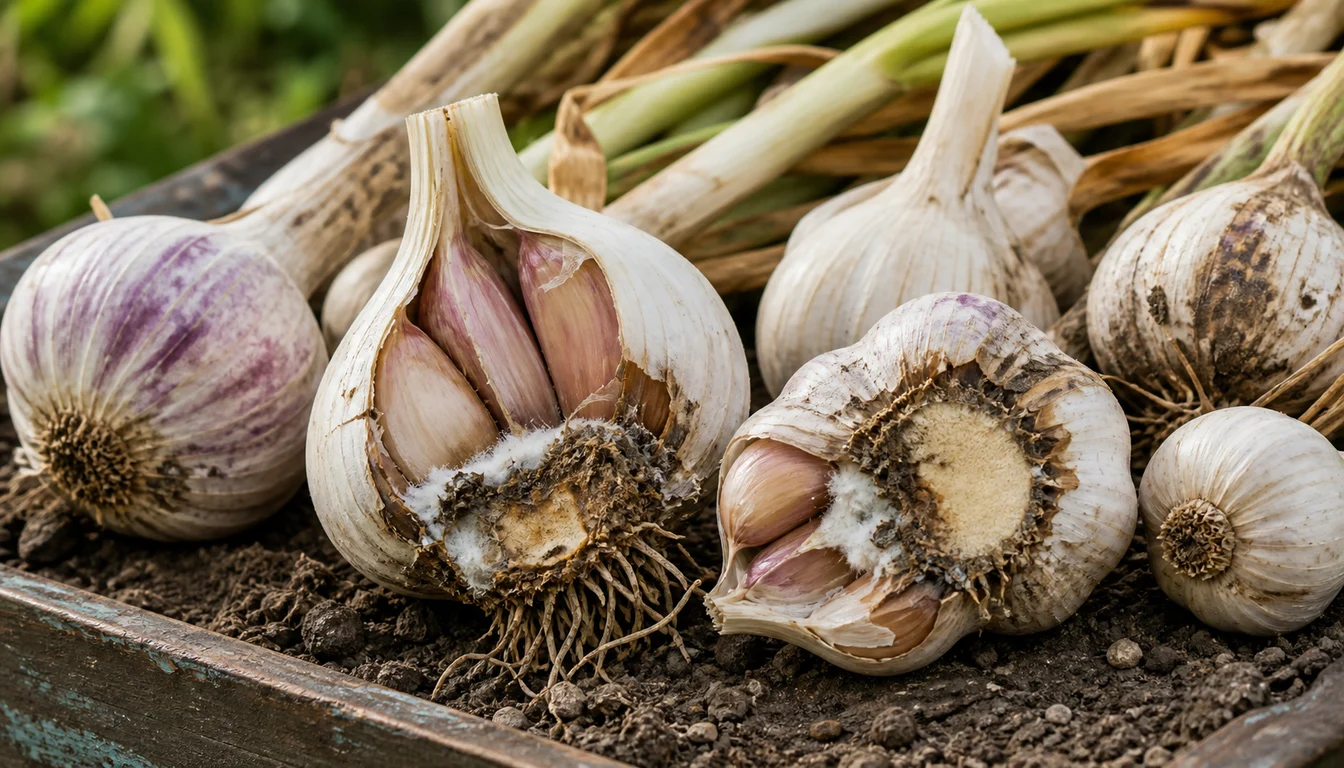 Garlic bulbs on a soil-covered tray with two basal plates exposed beside white cottony fungal growth and brown damaged tissue.