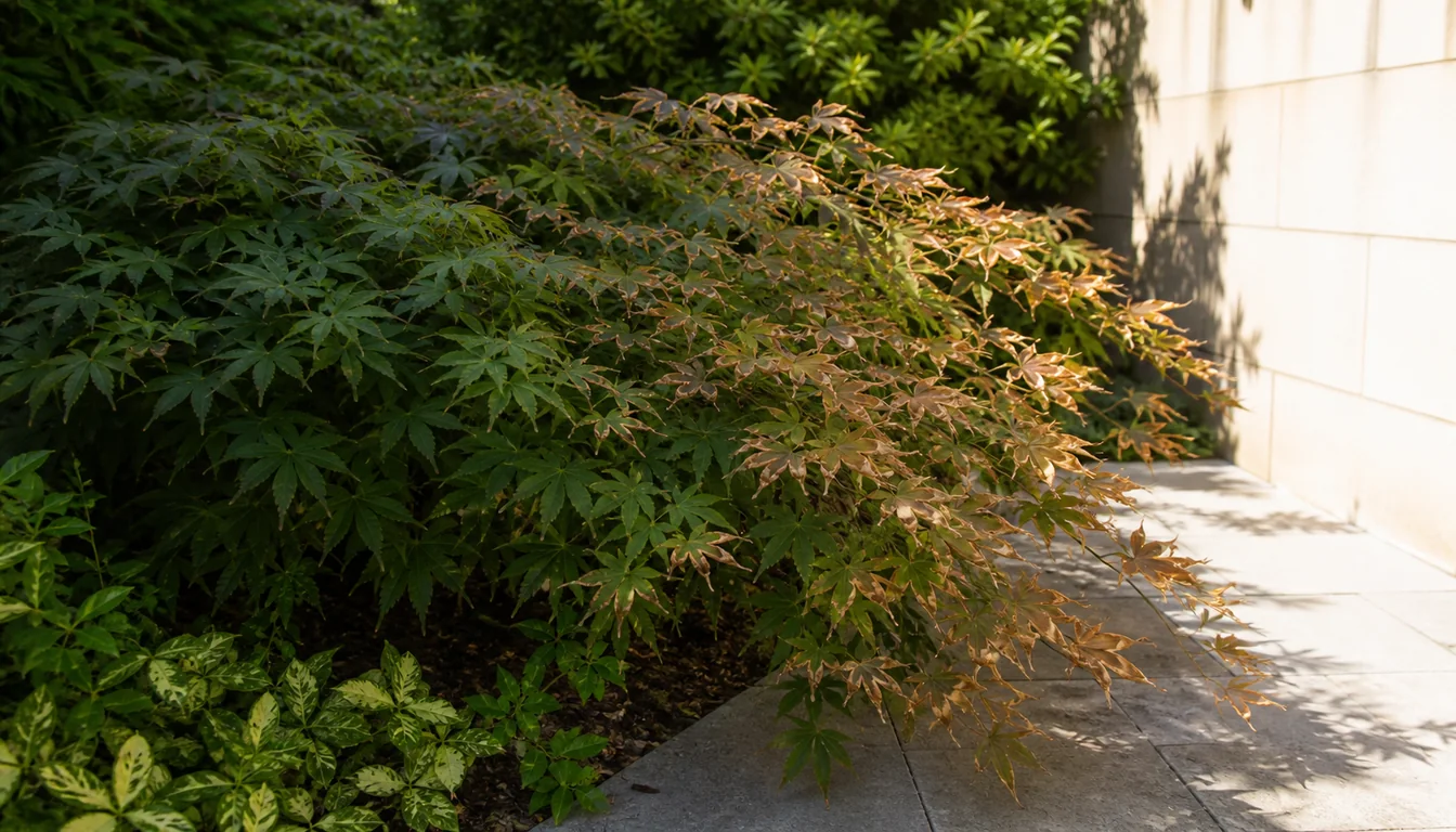 Japanese maple with crisp leaves along the sunlit edge beside a pale wall and green sheltered leaves inside the same canopy