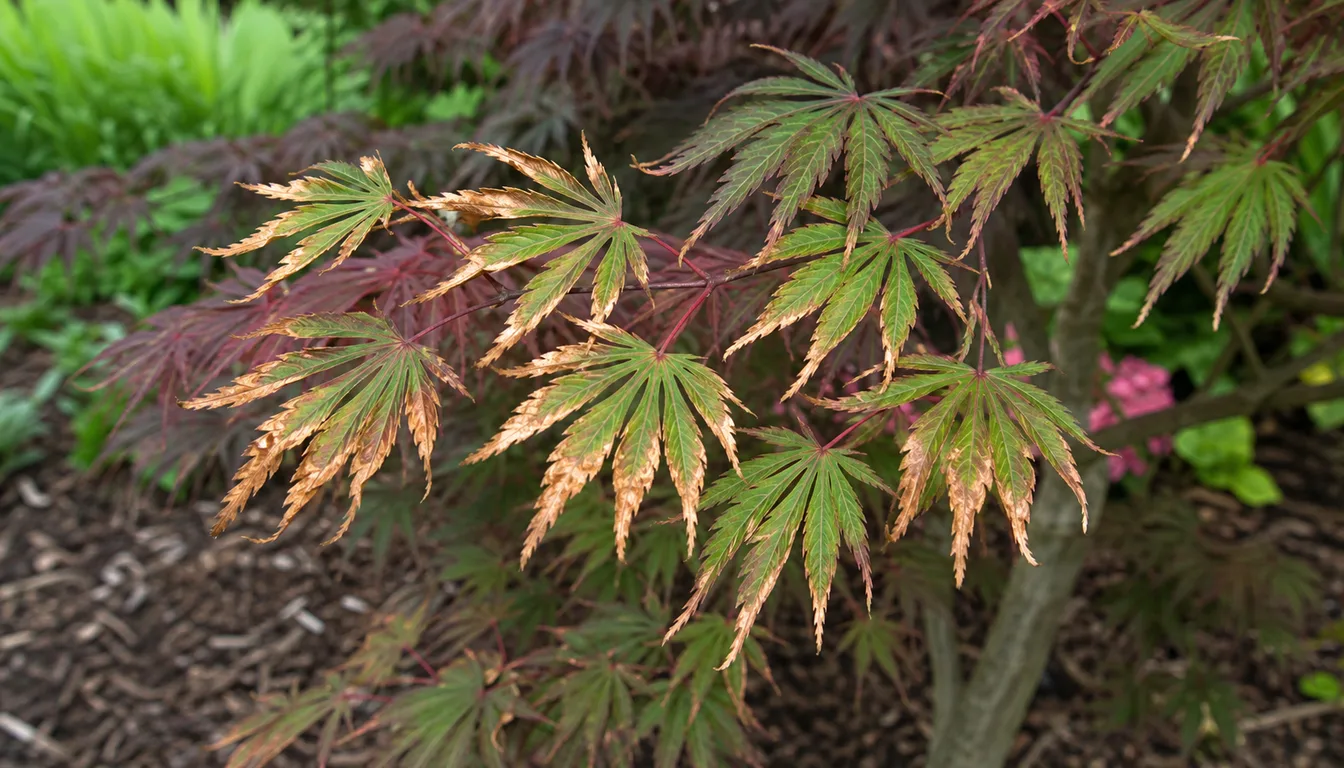 Attached Japanese maple leaves with crisp tan-brown margins around living green centers