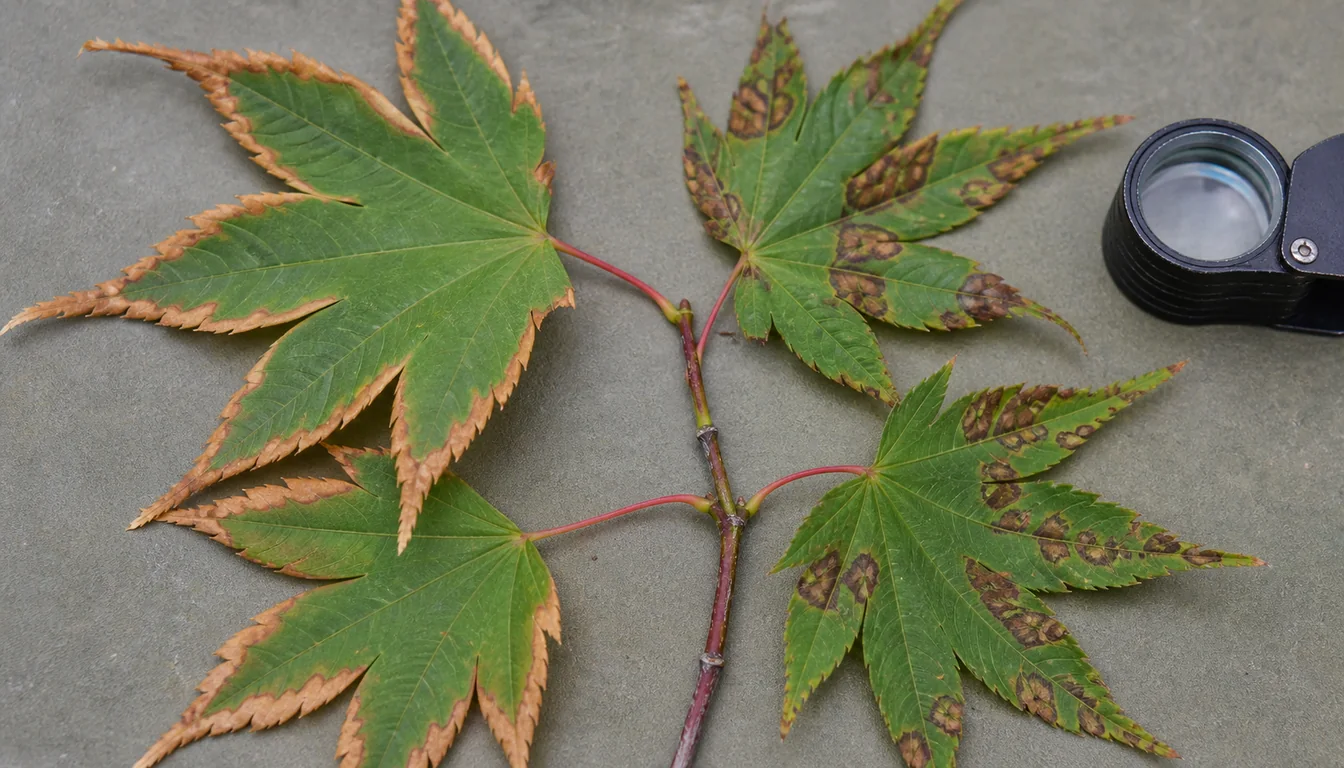 Japanese maple leaves comparing even crisp marginal scorch with separate dark lesions that follow leaf veins