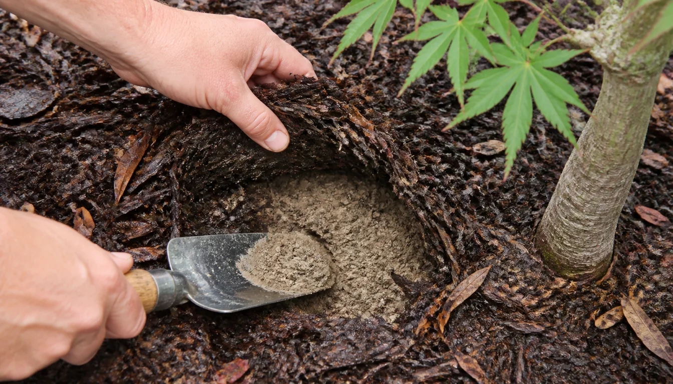 Mulch lifted beneath a Japanese maple while a trowel reveals dry crumbly soil below the damp surface