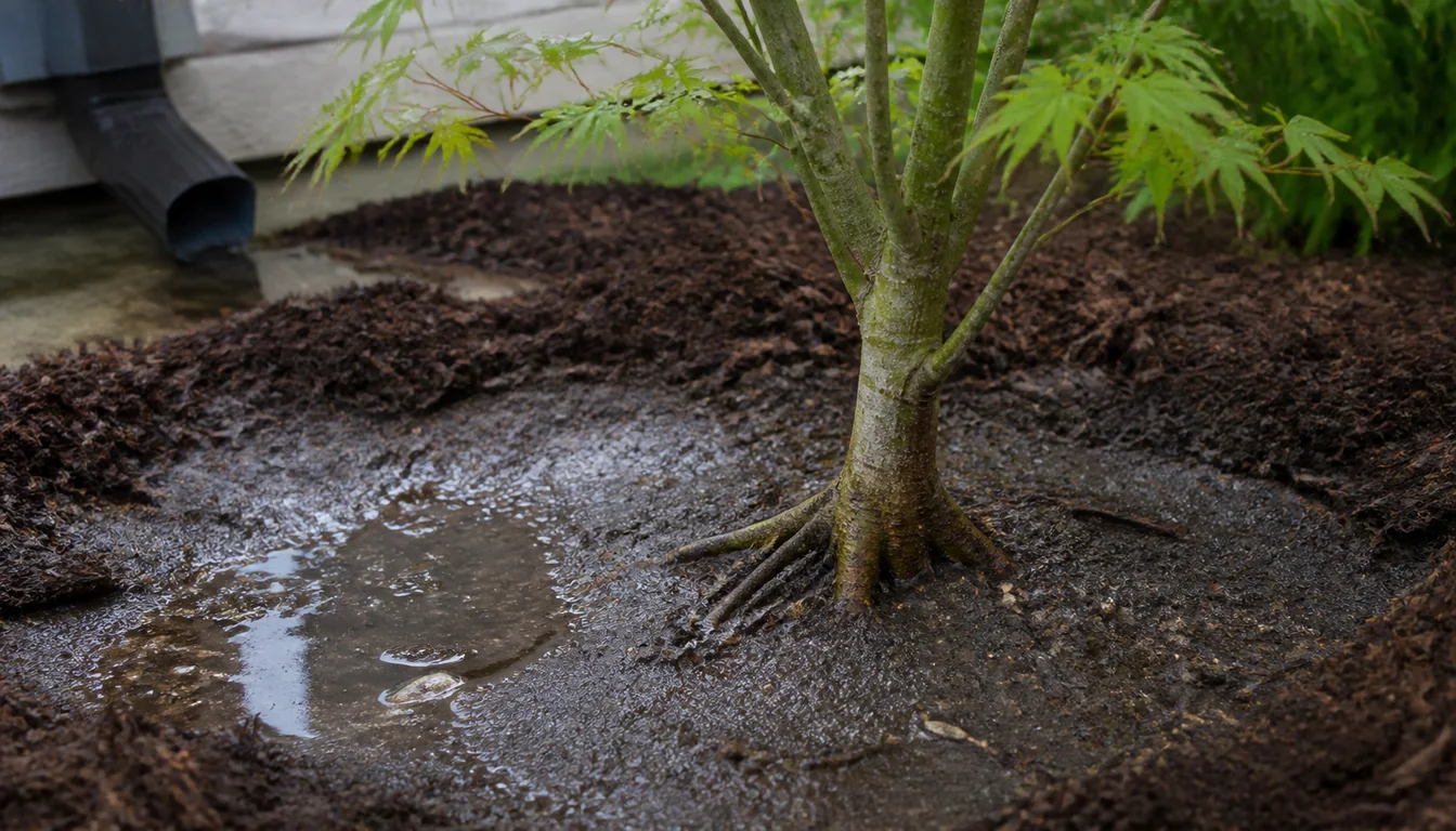 Japanese maple base in compacted saturated soil near a downspout with mulch pulled away from the trunk flare