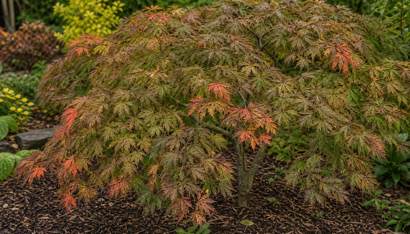 Low Japanese maple with mostly green and bronze autumn foliage and scattered orange-red patches