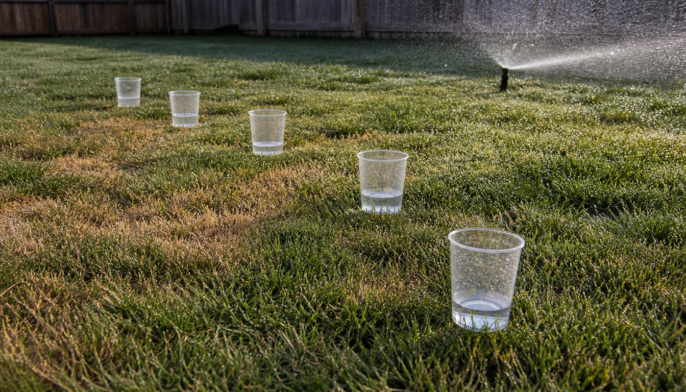 Catch cups across patchy Kentucky bluegrass collecting unequal amounts of sprinkler water.