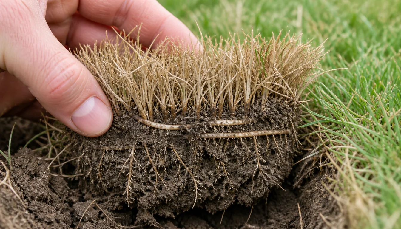 Hand lifting a small Kentucky bluegrass plug showing firm crowns, attached fine roots, dry soil, and short rhizomes.
