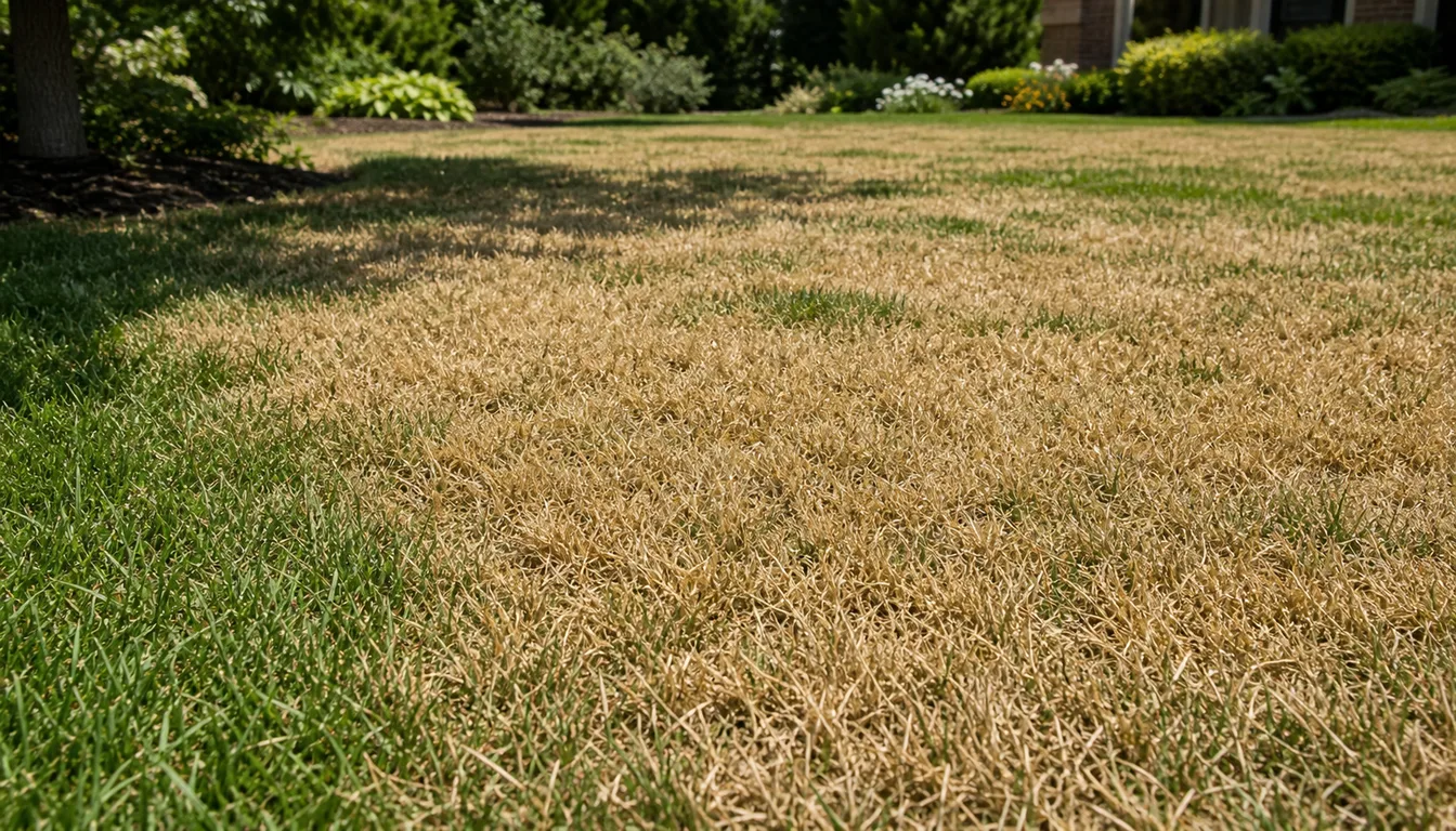 Established Kentucky bluegrass lawn with broad straw-brown summer dormancy and green turf along shaded edges.