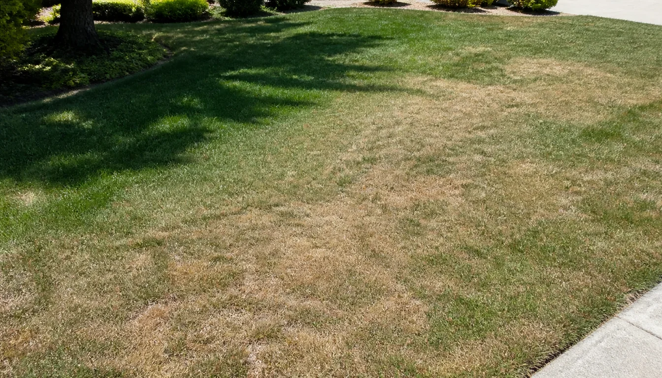Straw-brown Kentucky bluegrass across a sunny lawn with greener turf remaining in tree shade.