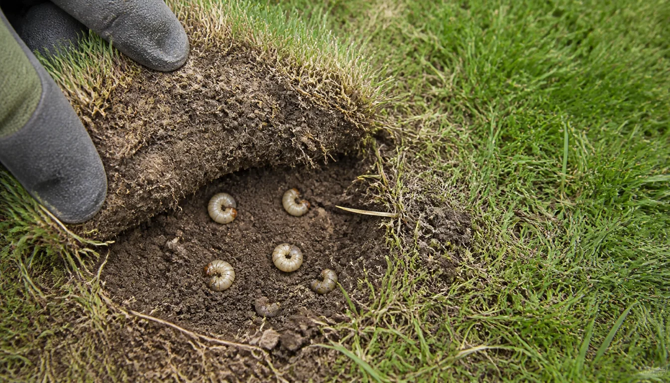 Small flap of sparse turf lifted to reveal shortened roots and white C-shaped grubs at the patch edge.