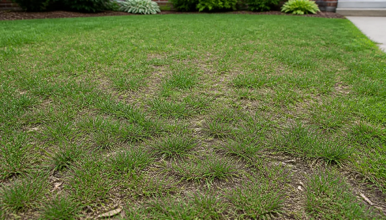 Thin Kentucky bluegrass with sparse green clumps and visible soil beside a denser strip of turf.
