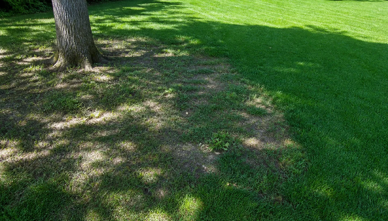 Sparse Kentucky bluegrass beneath a mature tree transitioning to denser turf in open sun.