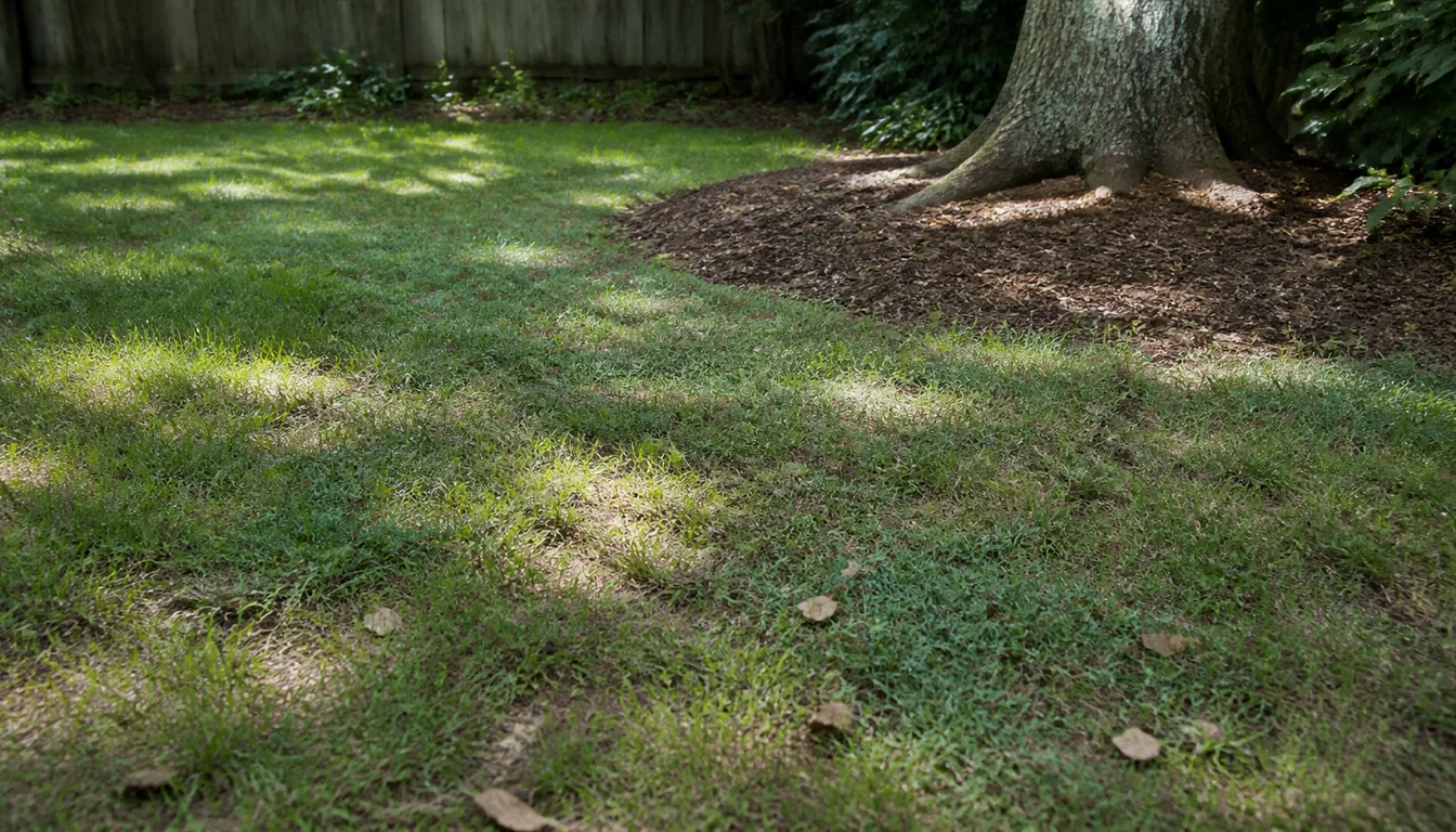Fine fescue seedlings establishing beside sparse Kentucky bluegrass beneath filtered tree light.
