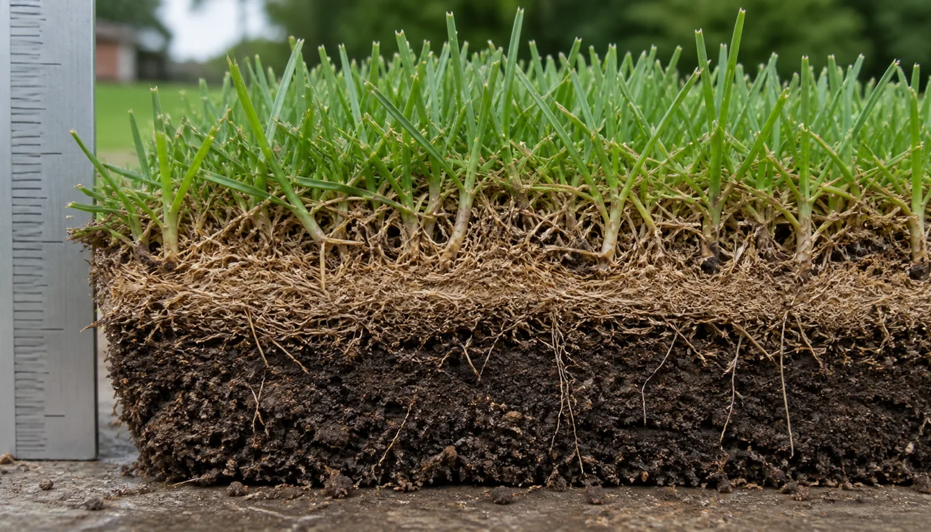Cut turf profile showing green blades, a thick tan thatch layer, compacted soil, and shallow roots.