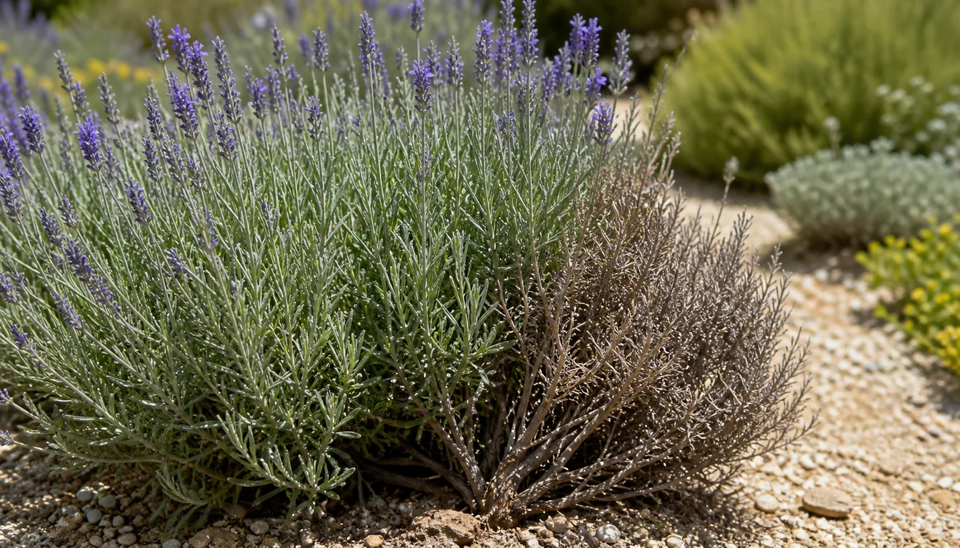 English lavender with one collapsed brown-gray branch sector beside upright silvery stems and a lesion near the woody base.