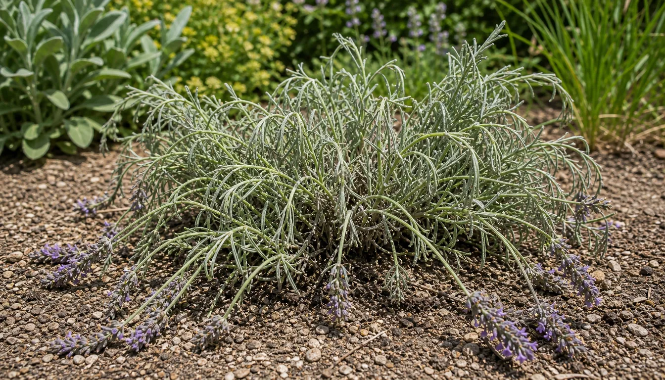 English lavender clump with drooping silvery stems and purple flower spikes in gravelly garden soil.