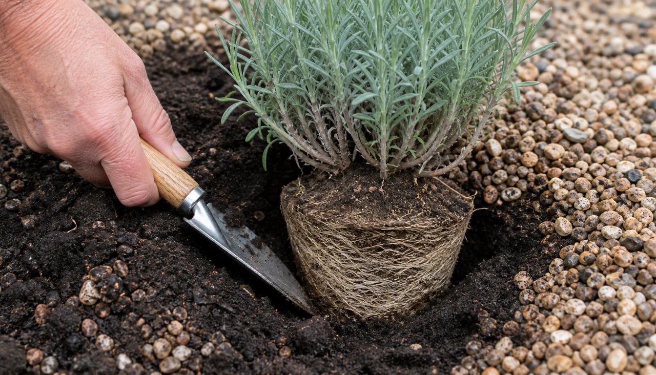 Trowel exposing a dry fibrous lavender root ball inside darker moist surrounding garden soil.