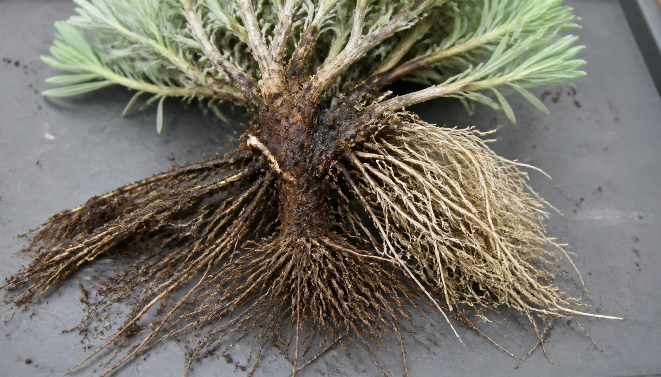 Lifted English lavender with a dark soft crown and brown decayed fine roots beside a firm pale root section.