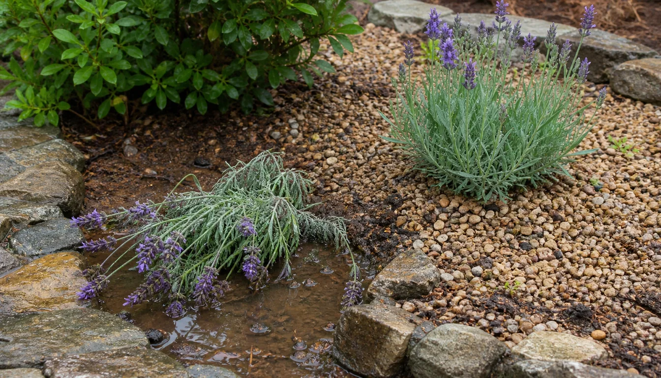 Wilted English lavender in a damp low pocket beside an upright lavender growing on raised gravel.