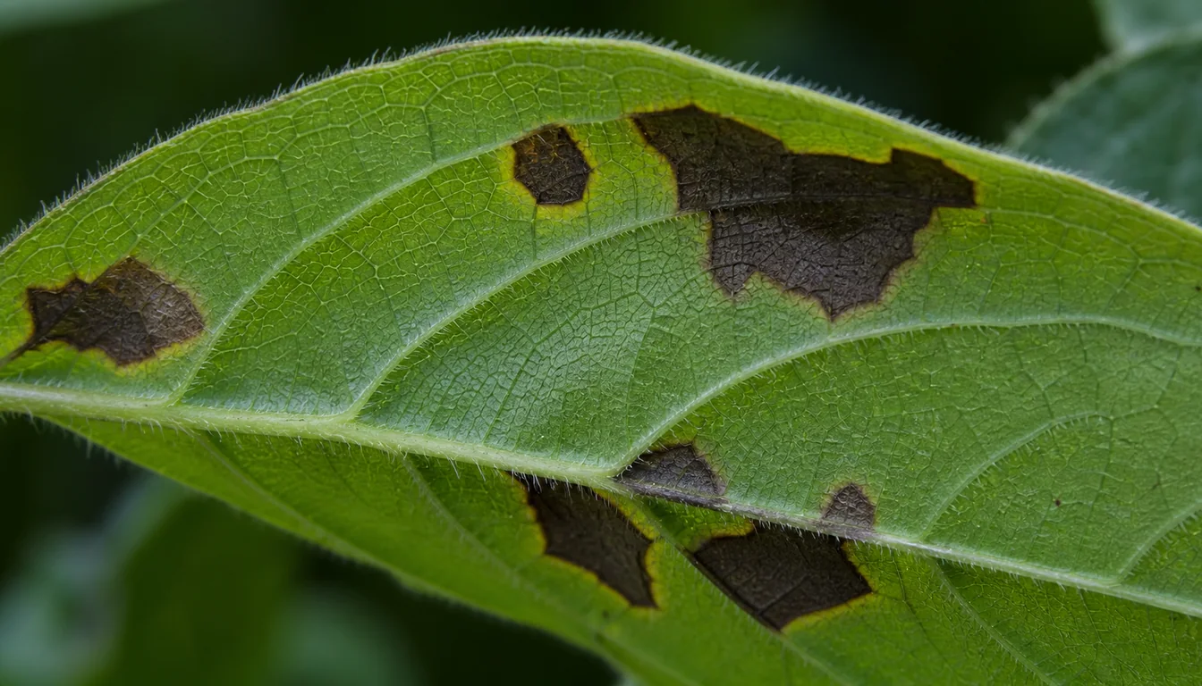 Rudbeckia leaf with dark water-soaked angular spots bounded by small veins and faint yellow halos.