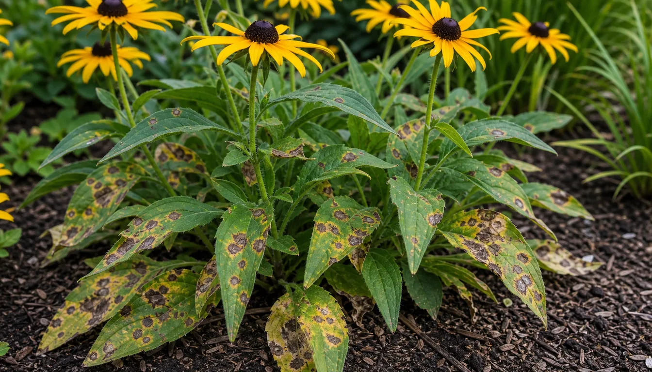 Flowering Black-Eyed Susan clump with dark spots concentrated on lower leaves after humid weather.