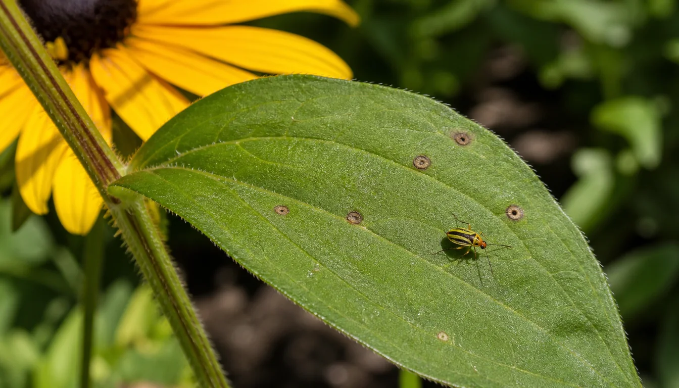 Black-Eyed Susan leaf with round sunken brown feeding spots and a small four-lined plant bug nearby.