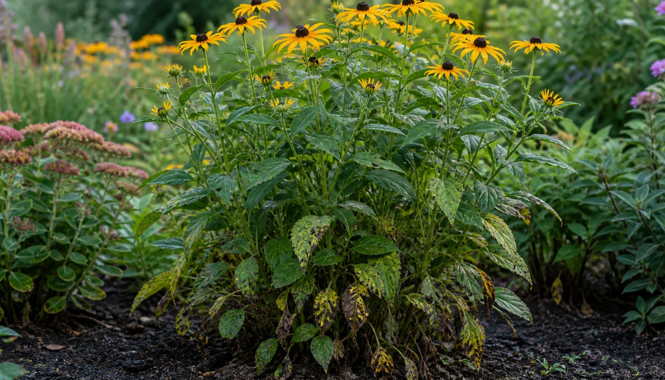 Black-Eyed Susan clump with heavily spotted lower leaves, fewer middle lesions, and clean flowering top growth.