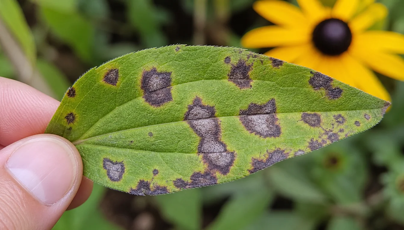Rudbeckia leaf with irregular purplish-black Septoria lesions, gray centers, and one edge flattened by a vein.