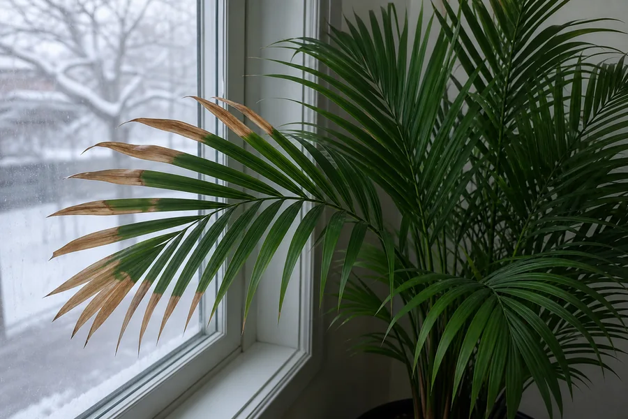 Majesty palm beside a winter window with broad tan tissue extending back from the tips of one glass-facing frond while inner fronds remain green.