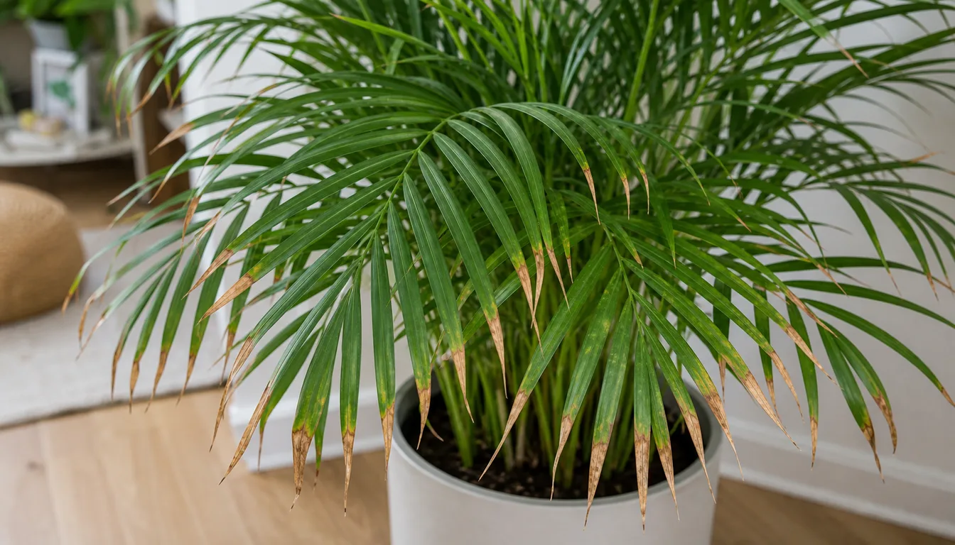 Green Majesty Palm frond with narrow crisp brown tips while the leaflet bases remain green