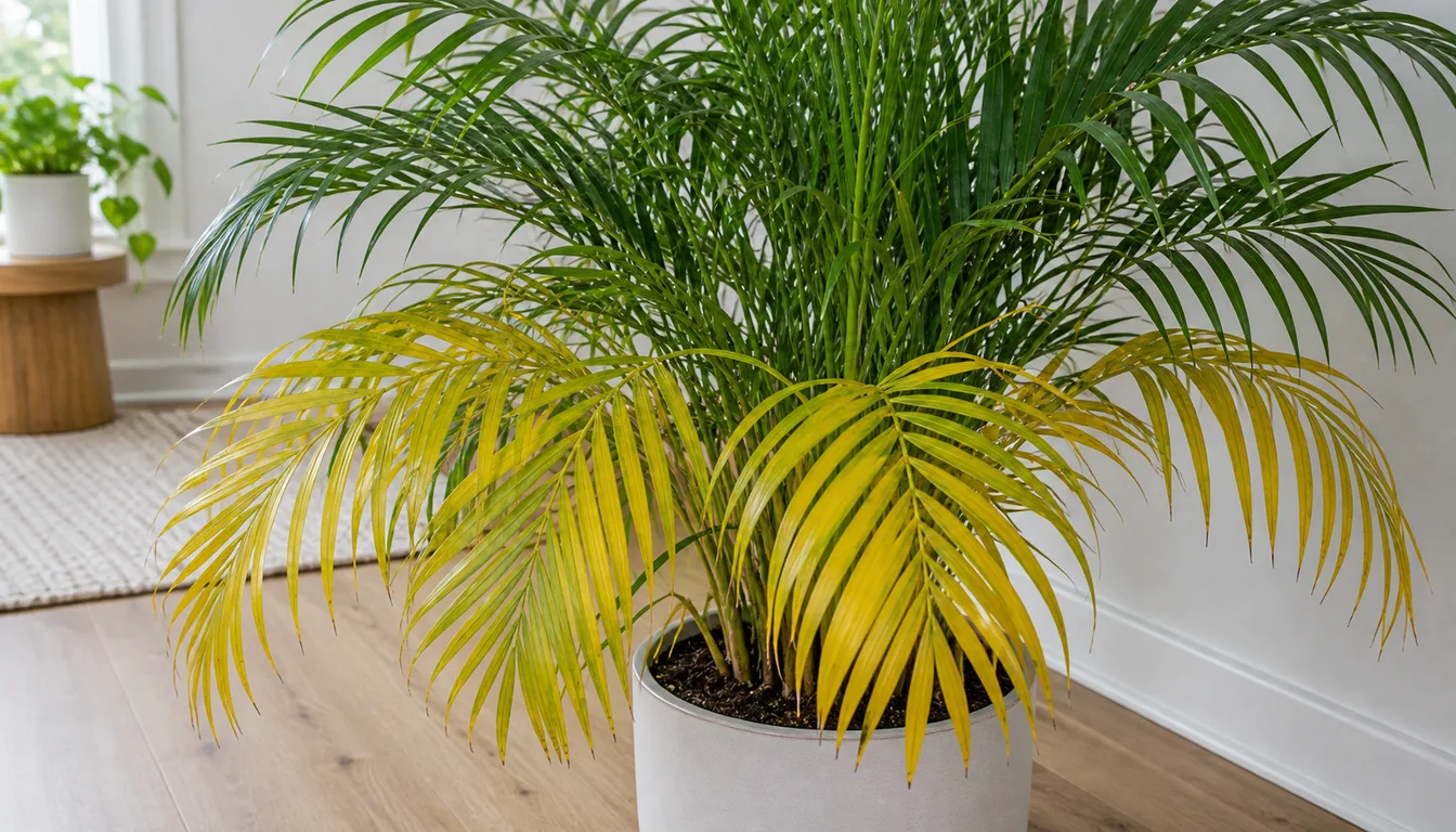 Indoor Majesty Palm with yellow oldest lower fronds beneath a firm green upper canopy