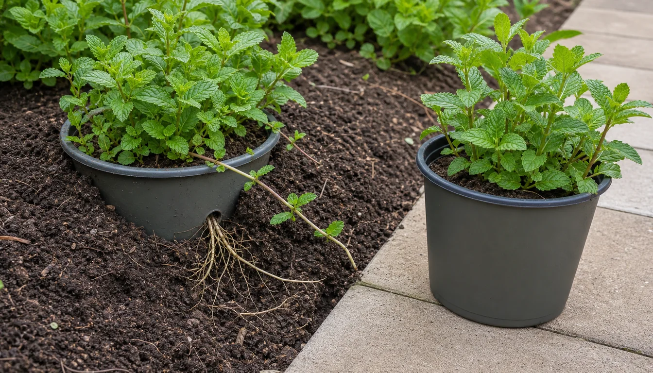 Mint runner crossing a sunken pot rim and roots leaving a drainage hole beside an above-ground pot on paving.