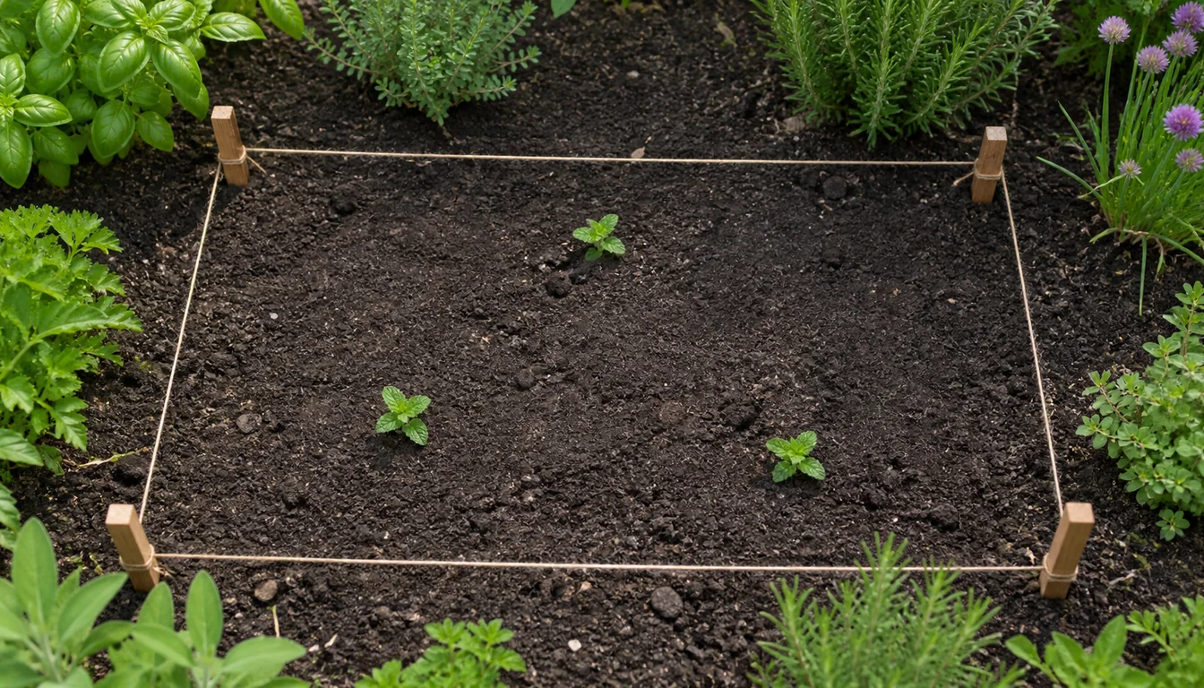 Overhead view of a cleared former mint patch with marked boundaries and three isolated new mint shoots.