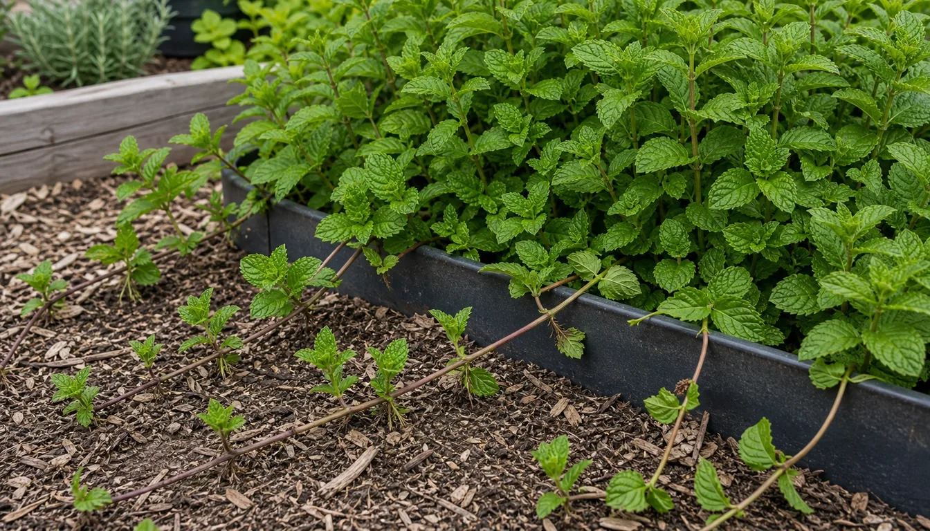 Healthy mint patch crossing a defined herb-bed edge into neighboring garden soil.