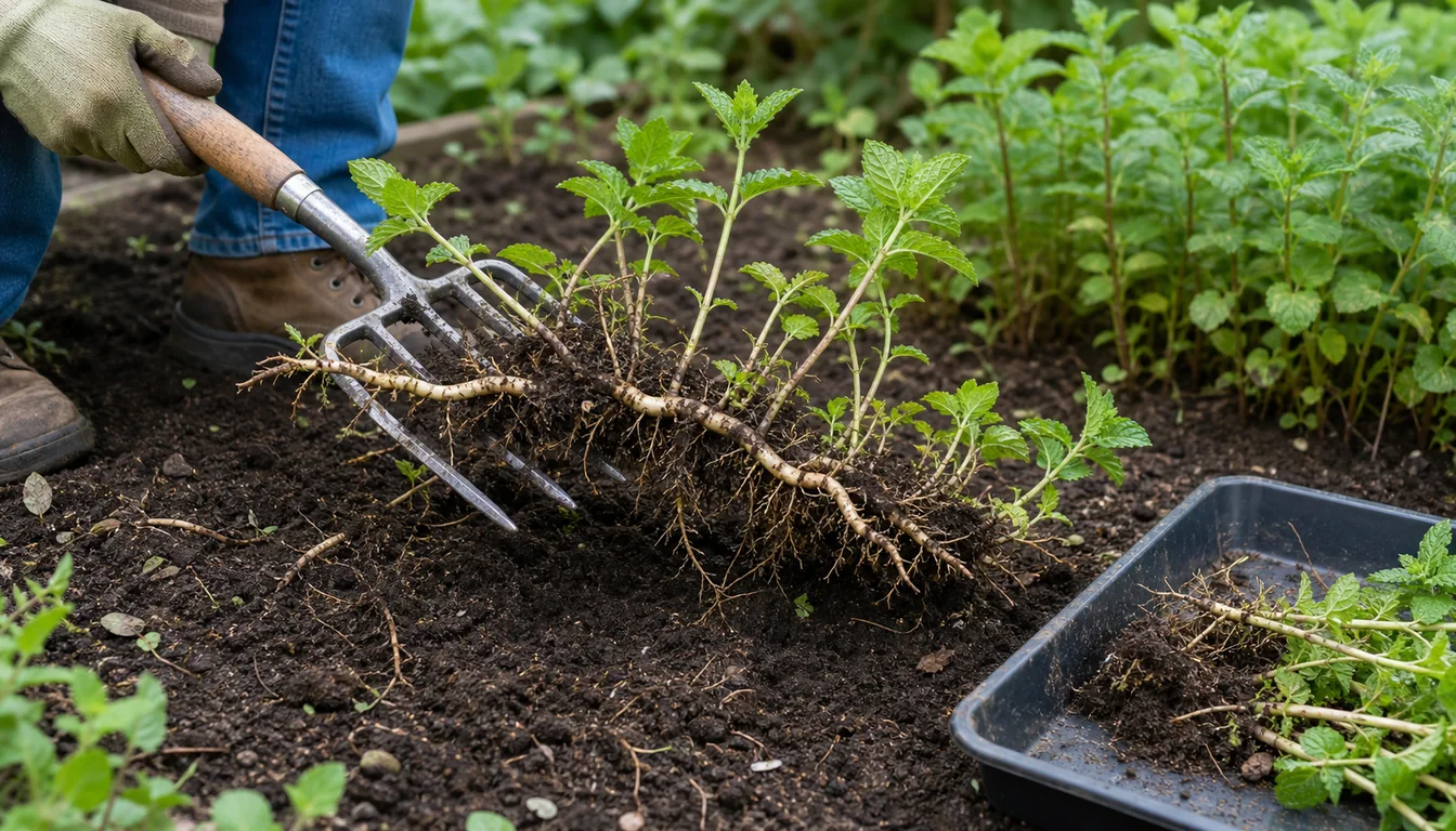 Gardener using a broad fork to lift a long intact mint rhizome network and rooted nodes from damp soil.