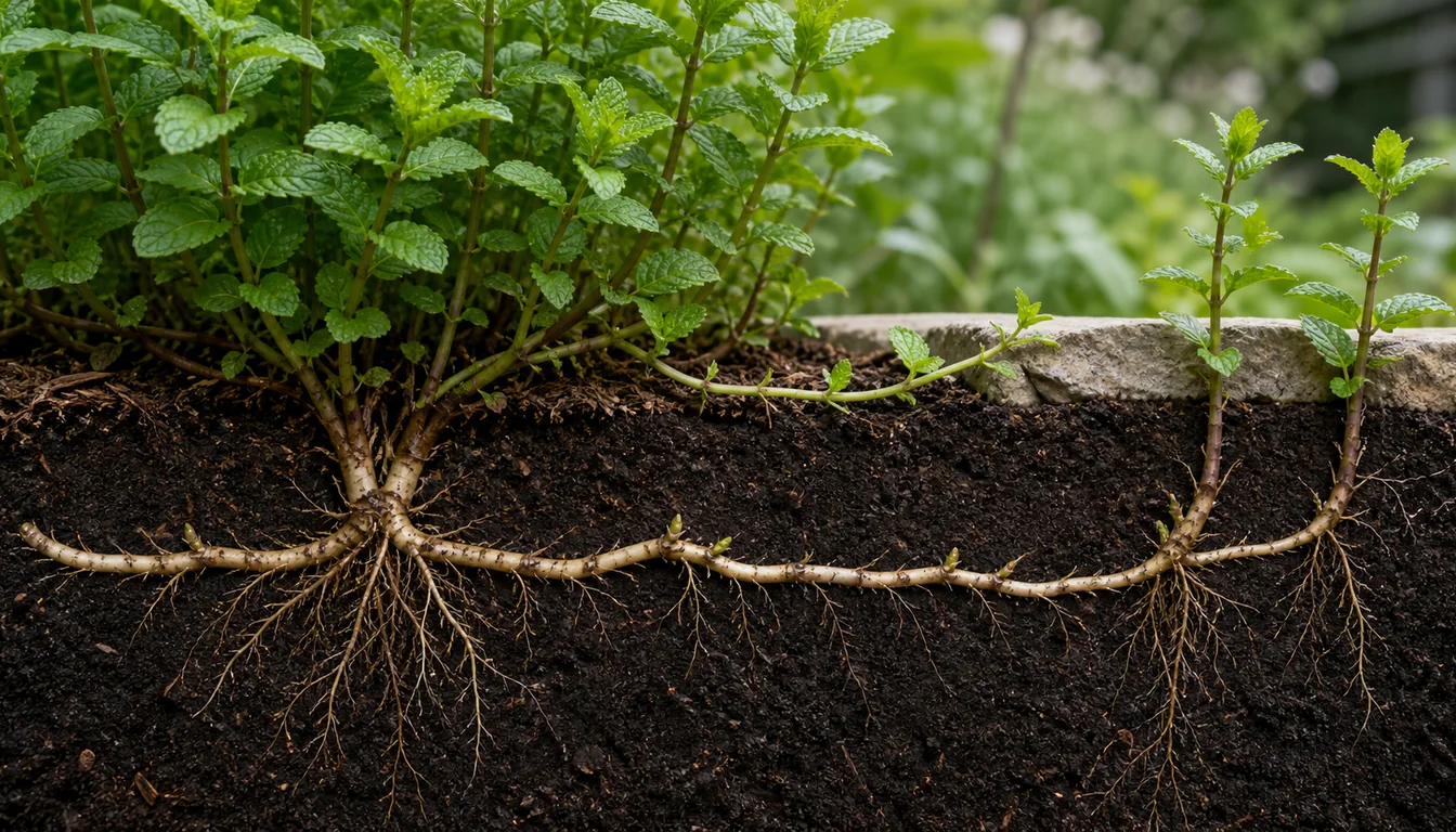 Garden soil cutaway showing mint crowns connected by pale horizontal rhizomes to shoots beyond a bed edge.