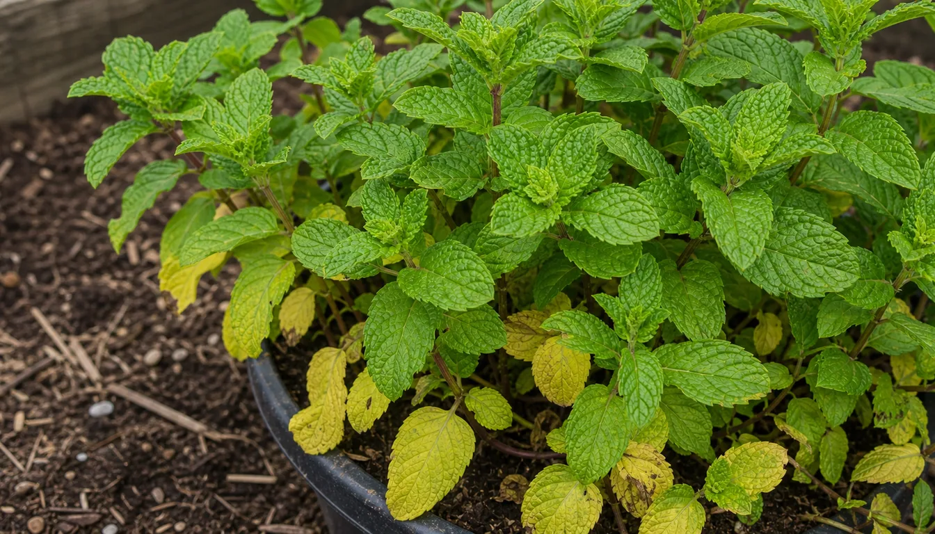 Container mint with yellow lower leaves beneath firm green shoot tips