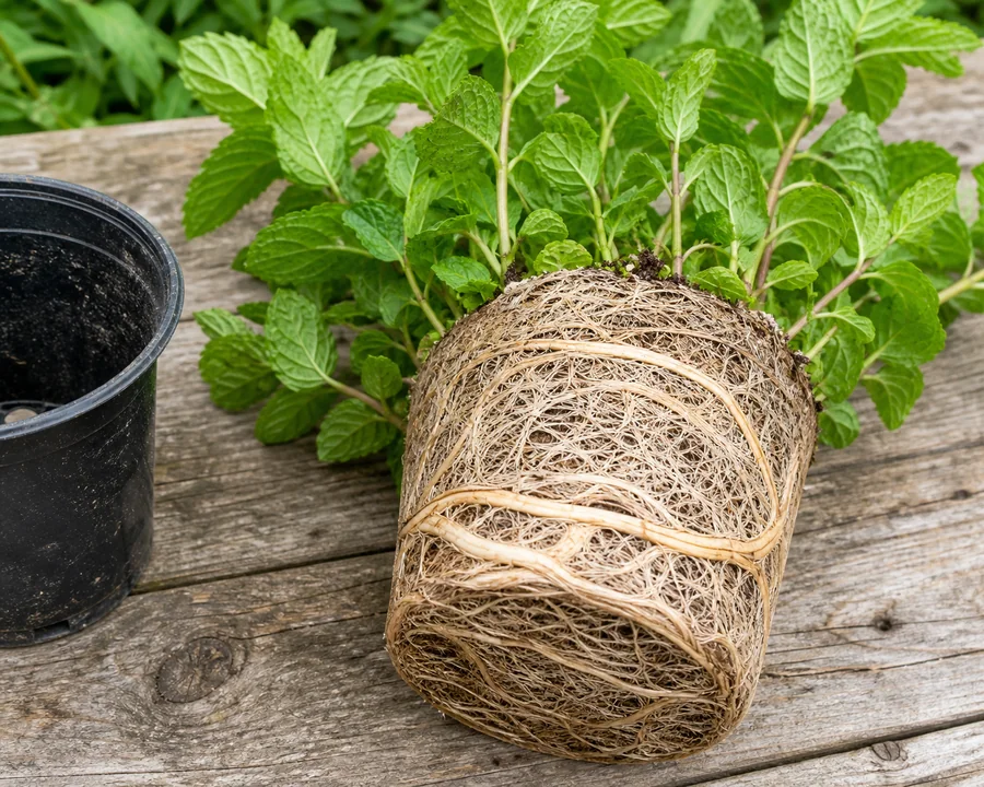 Mint root ball slid from a black nursery pot with dense pale roots and thick circling rhizomes covering nearly all visible potting mix.