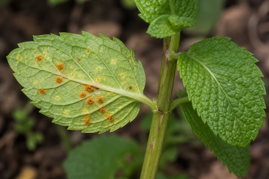Underside of a mint leaf with dusty raised orange-brown rust pustules beneath pale spots