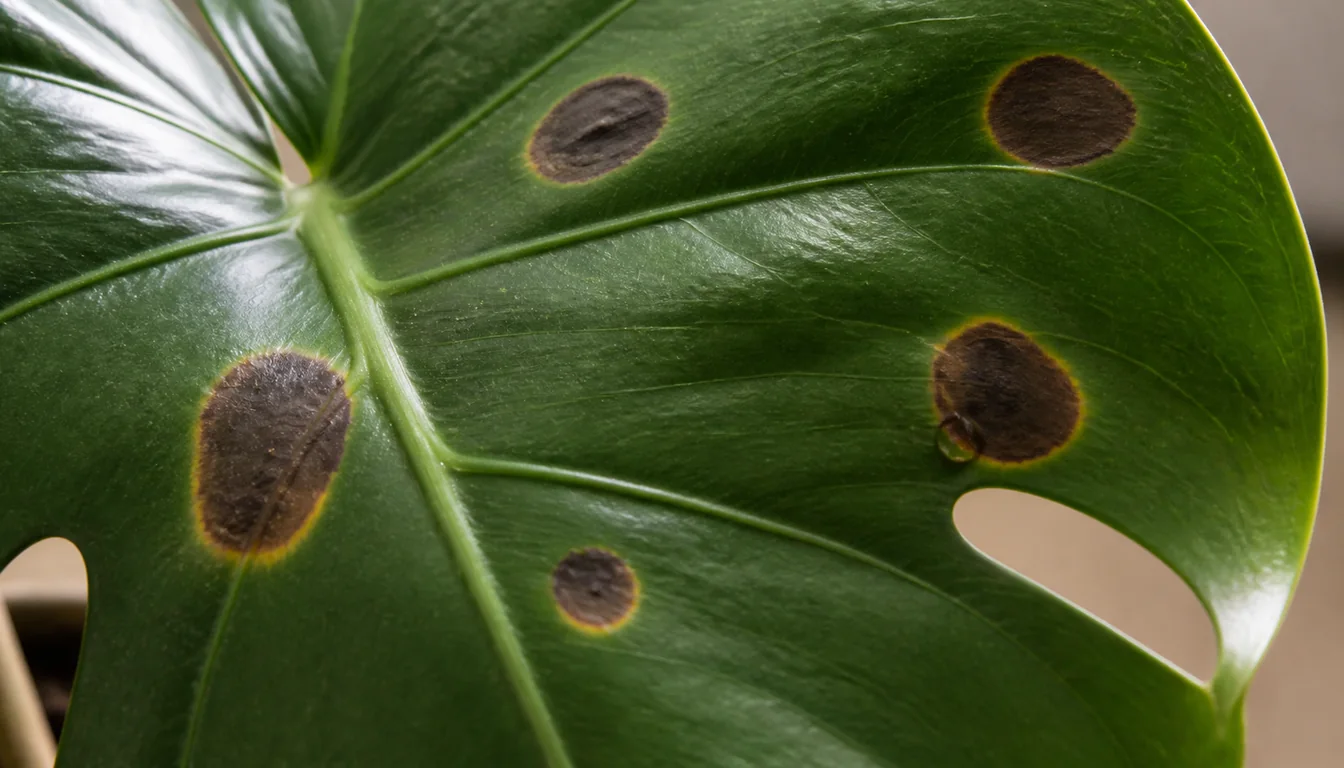 Monstera leaf with dark water-soaked spots, yellow borders, and a subtle sticky droplet.