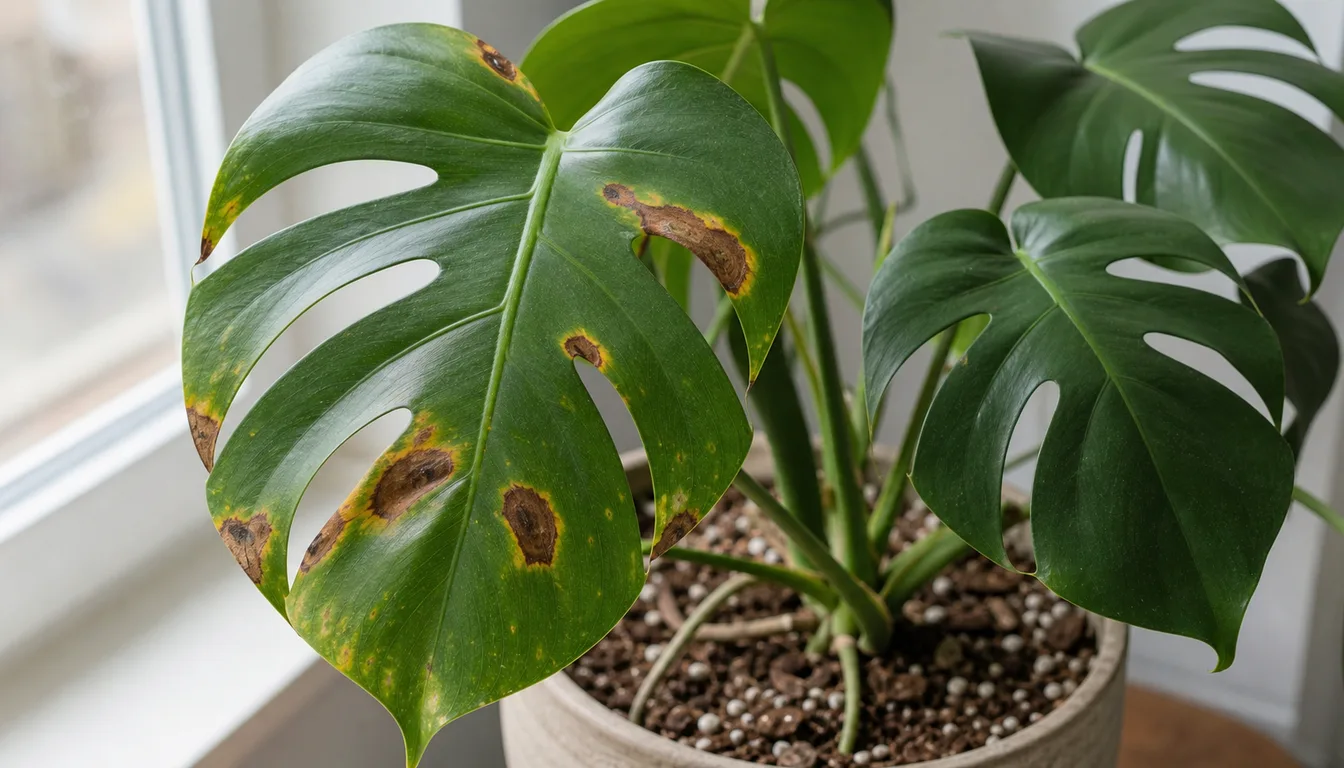 Monstera deliciosa leaf with several brown spot patterns beside a bright indoor window.