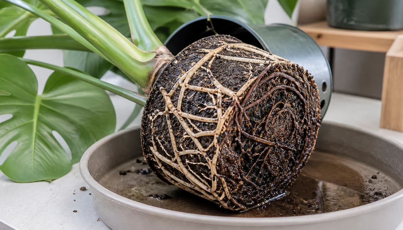 Monstera root ball showing firm pale roots beside localized soft dark roots in dense wet potting mix.