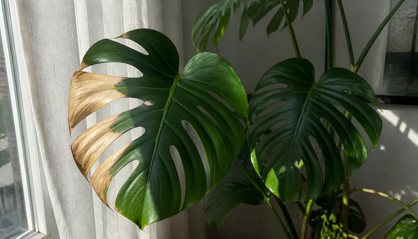 Monstera with one crisp bleached window-facing leaf sector beside a shaded green leaf.