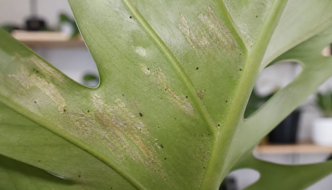 Young Monstera leaf with silvery feeding scars, black fecal specks, and one slender thrips.