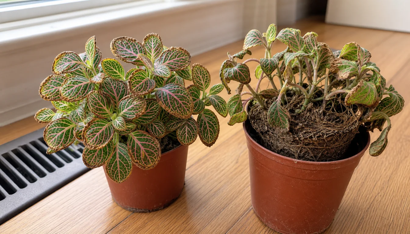 Two Fittonia plants showing uniform crisp margins near dry airflow and localized edge damage beside a shrunken dry root ball.