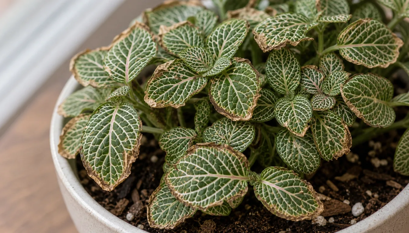 Compact Fittonia nerve plant with patterned leaves and thin crisp brown margins.
