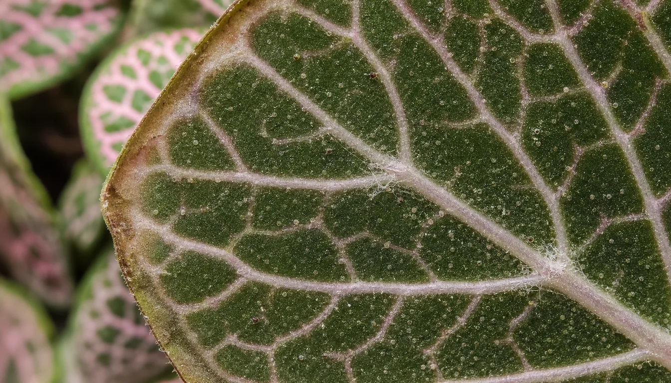 Underside of a Fittonia leaf with pale stippling, fine webbing at a vein junction, and tiny spider mites.