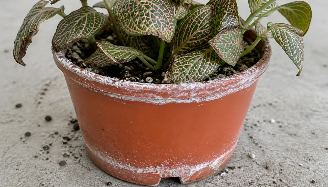 Fittonia pot with white mineral crust at the soil line and drainage hole beside browned leaf tips.