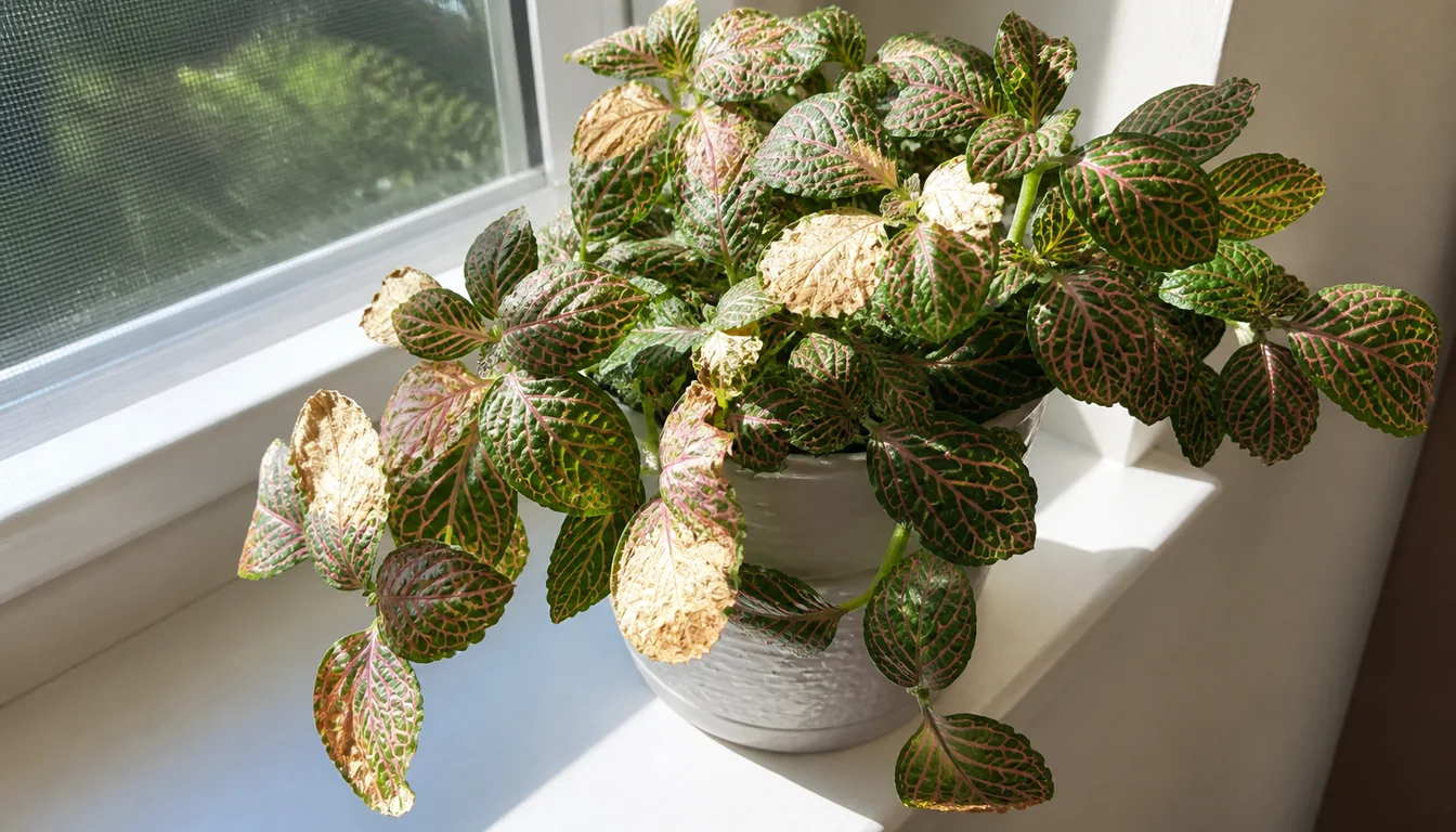 Fittonia with crisp bleached damage on window-facing leaves while shaded patterned leaves remain healthy.