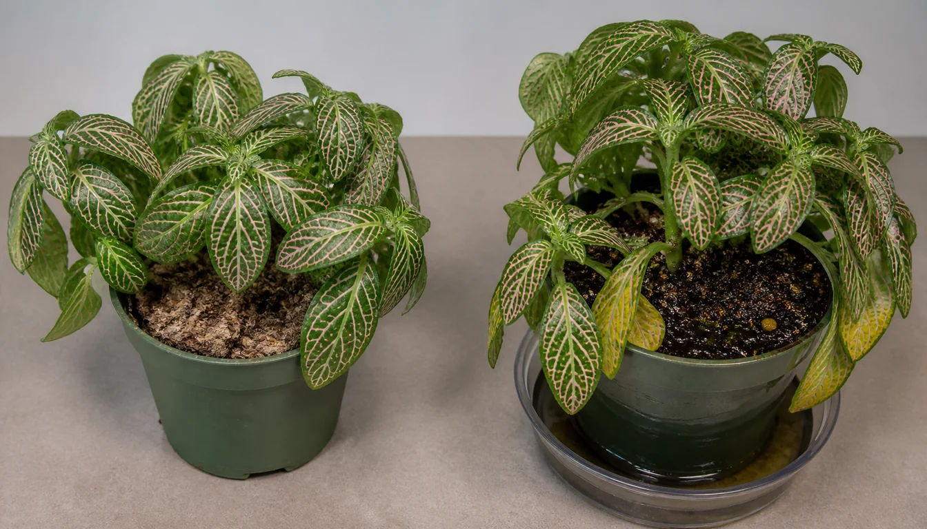 Two drooping Fittonia plants showing dry shrunken mix and dark saturated mix with yellow lower leaves.
